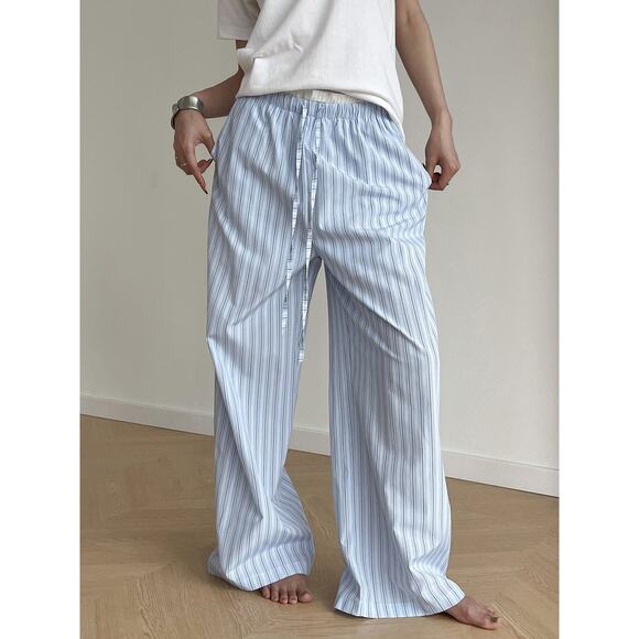 Commense Stripe Casual Loose Double Waisted Tie Front Pants Lounge Blue Stripe M - Picture 6 of 7